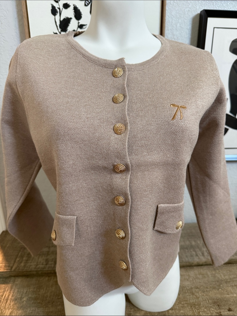Taupe Cardigan with Gold Button Accents